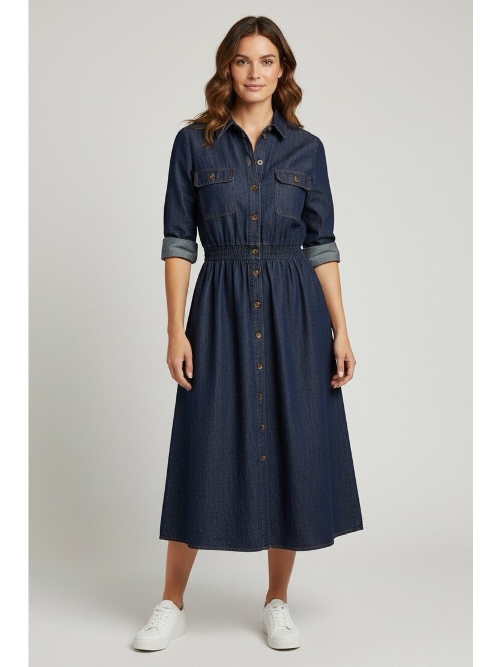 Vintage NR1 8 Blue Denim Fit Flare Shirt Dress 3/4 Sleeve Elastic Waist Western